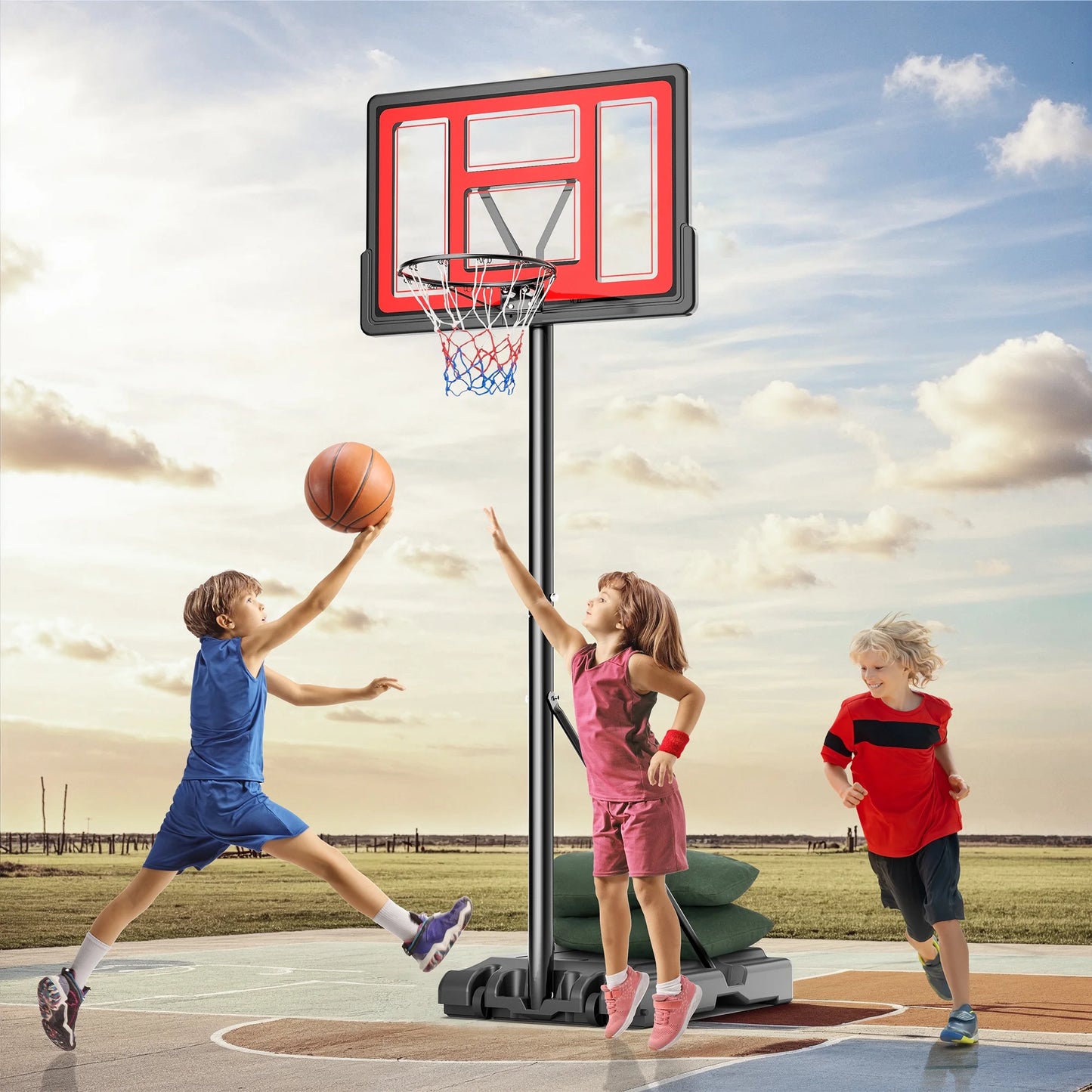 44" Portable Basketball Hoop 6 Ft. 7 In. to 10 Ft. Basketball Goal Height Adjustable with Wheels, Extra 2 Sandbags for Family Adult Indoor Outdoor Play