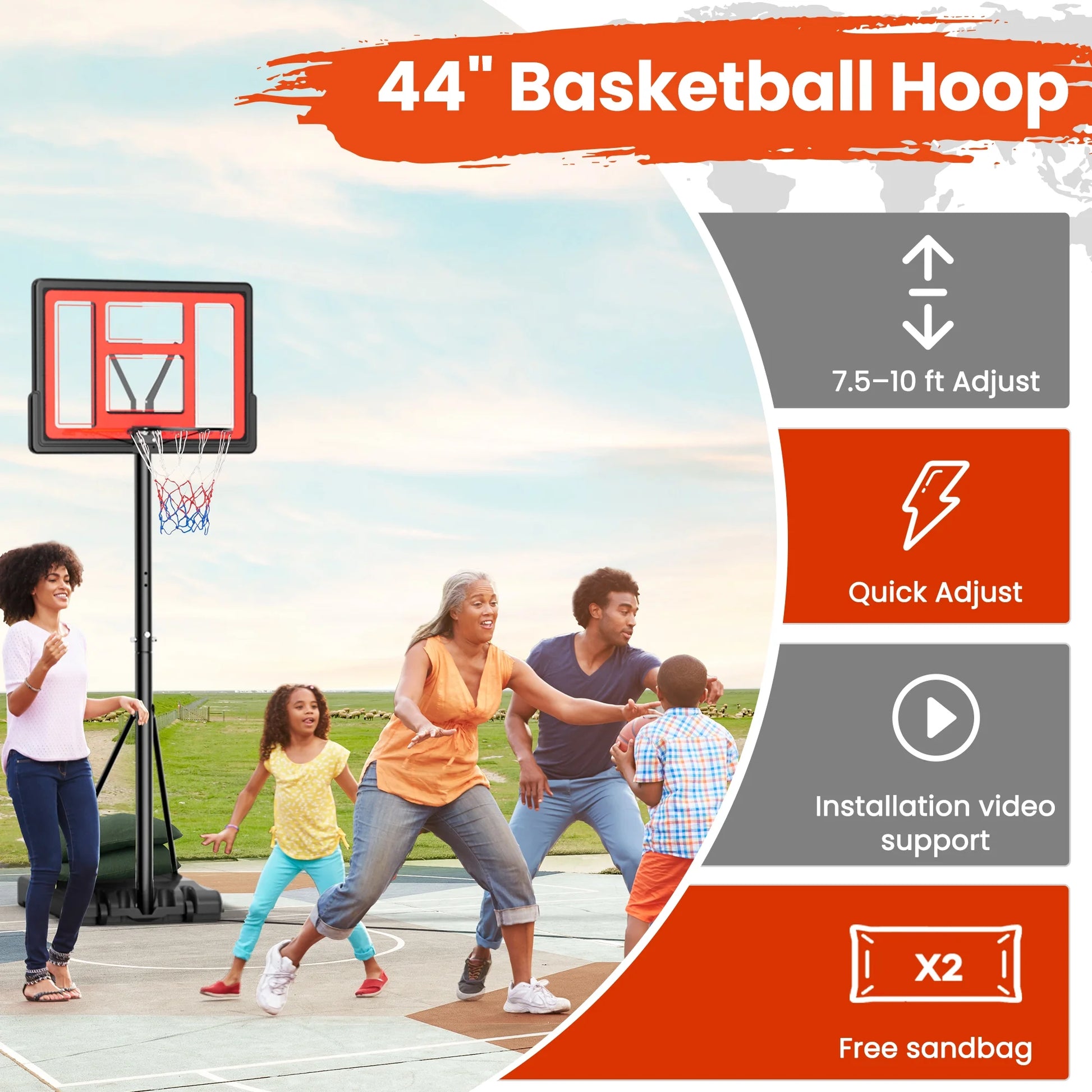 44" Portable Basketball Hoop 6 Ft. 7 In. to 10 Ft. Basketball Goal Height Adjustable with Wheels, Extra 2 Sandbags for Family Adult Indoor Outdoor Play