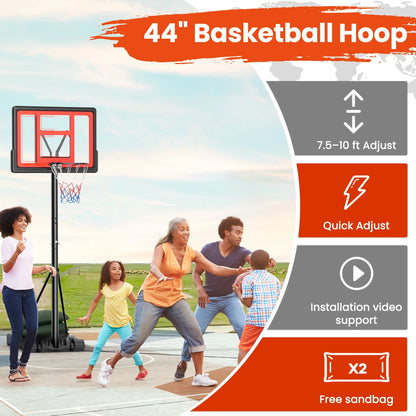 44" Portable Basketball Hoop 6 Ft. 7 In. to 10 Ft. Basketball Goal Height Adjustable with Wheels, Extra 2 Sandbags for Family Adult Indoor Outdoor Play