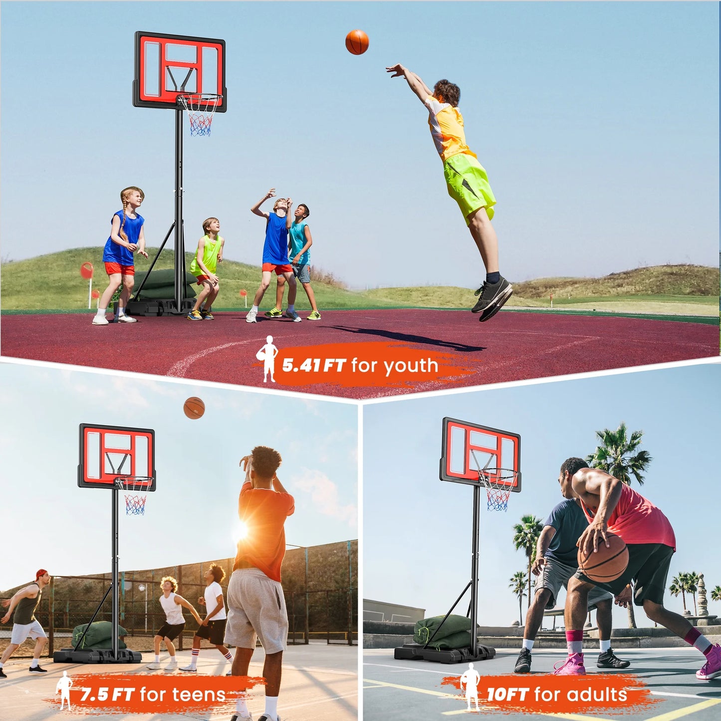 44" Portable Basketball Hoop 6 Ft. 7 In. to 10 Ft. Basketball Goal Height Adjustable with Wheels, Extra 2 Sandbags for Family Adult Indoor Outdoor Play