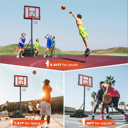 44" Portable Basketball Hoop 6 Ft. 7 In. to 10 Ft. Basketball Goal Height Adjustable with Wheels, Extra 2 Sandbags for Family Adult Indoor Outdoor Play